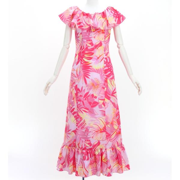 フラドレス [S・M・Lサイズ] ロング丈 コシボドレス ハワイアンリーフ ライトピンク J3205...