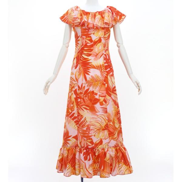 フラドレス [S・M・Lサイズ] ロング丈 コシボドレス ハワイアンリーフ オレンジ×レッド J32...