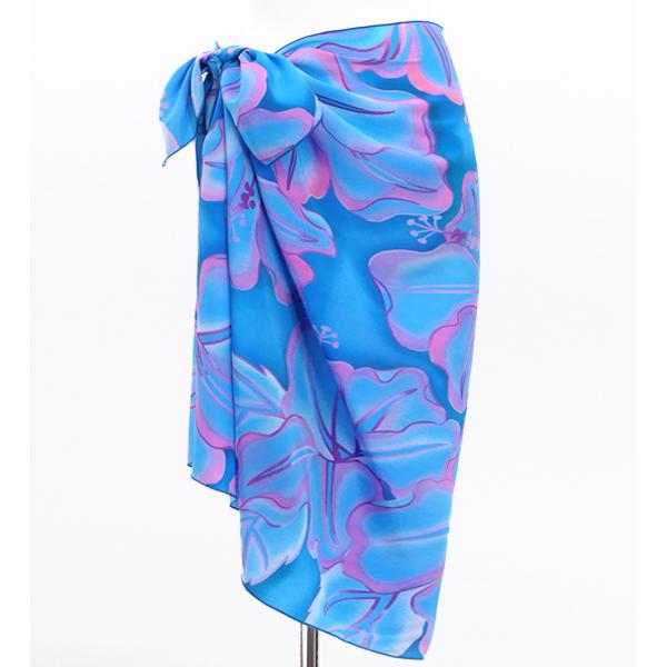 オリジナルプリントコシボ生地　ショート パレオ グラデハイビスカス ブルー×ピンク J3225-13