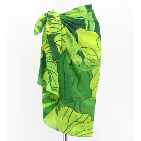 オリジナルプリントコシボ生地　ショート パレオ ハイビスカス グリーン J3225-16