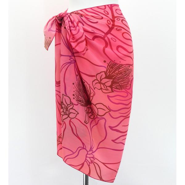 オリジナルプリントコシボ生地　ショート パレオ レフア ピンク×レッド J3225-20