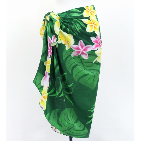 オリジナルプリントコシボ生地　ショート パレオ プルメリアレイ グリーン J3225-6