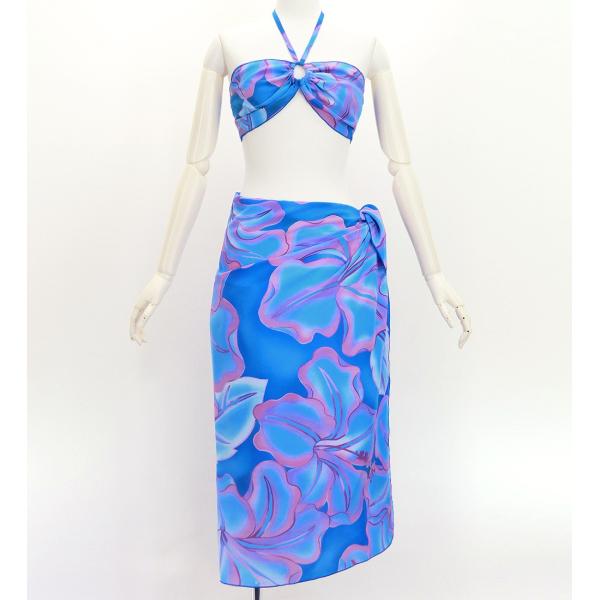 ショートパレオ＆2WAYブラトップ セット ハイビスカス ブルー×ピンク J3259-13