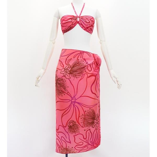 ショートパレオ＆2WAYブラトップ セット レフア ピンク×レッド J3259-20