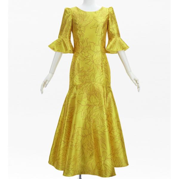 フラダンス [S・M・Lサイズ] フリル袖 シャンタンドレス プロテア ゴールド J3266gd