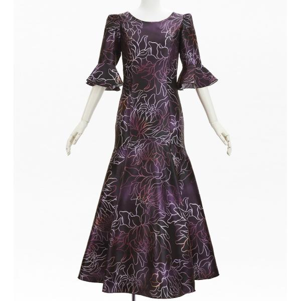 フラダンス [S・M・Lサイズ] フリル袖 シャンタンドレス プロテア プラム J3266pl