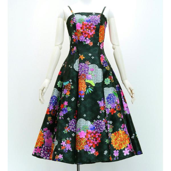 和柄ドレス ミディ丈 菊＆梅＆桜柄 ブラック（黒） S-Lサイズ JW003bk