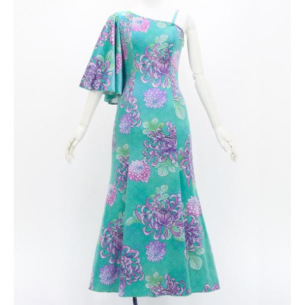 和柄ドレス ロング丈 ワンショルダーフリルスリーブ マーメイド 菊 ライトブルー（水色） S-Lサイ...