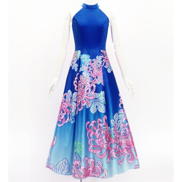 和柄ドレス ロング丈 アメリカンスリーブ 菊 ブルー（青） S-Lサイズ JW006bl