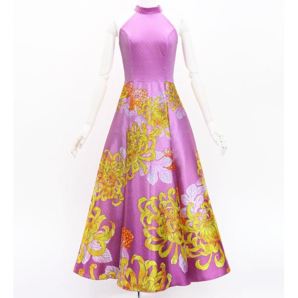 和柄ドレス ロング丈 アメリカンスリーブ 菊 ピンク S-Lサイズ JW006pi