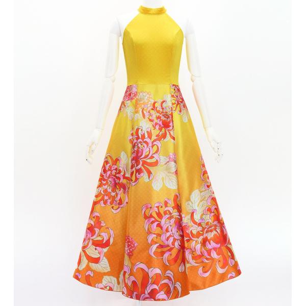 和柄ドレス ロング丈 アメリカンスリーブ 菊 イエロー（黄） S-Lサイズ JW006ye