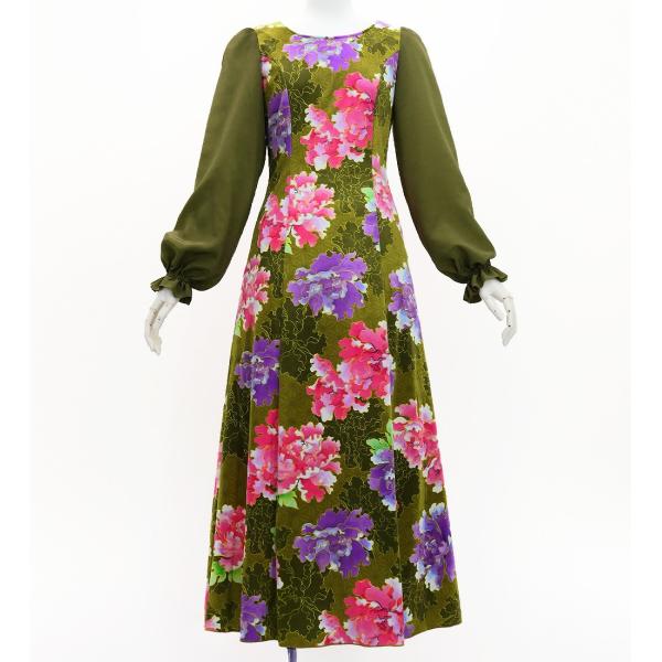 和柄ドレス ロング丈 ロングスリーブ 牡丹 カーキ S-Lサイズ JW007ka