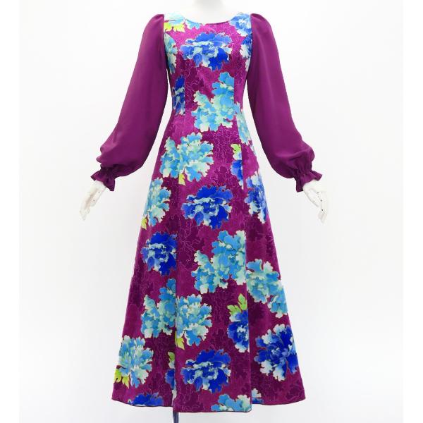 和柄ドレス ロング丈 ロングスリーブ 牡丹 パープル（紫） S-Lサイズ JW007pu