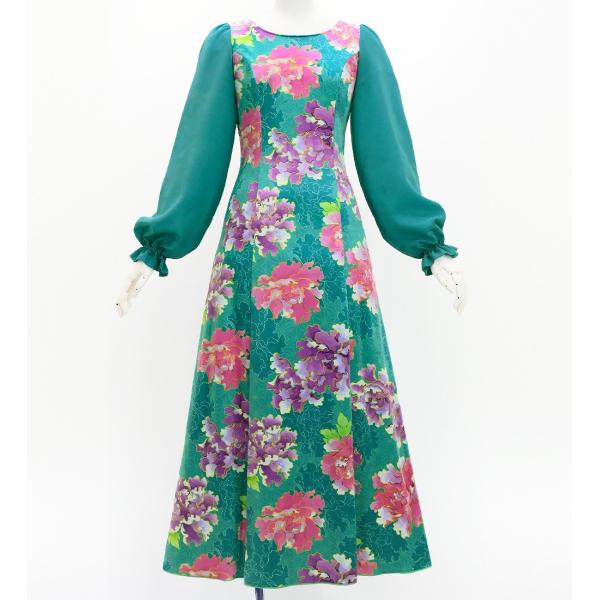 和柄ドレス ロング丈 ロングスリーブ 牡丹 ターコイズブルー S-Lサイズ JW007tbl