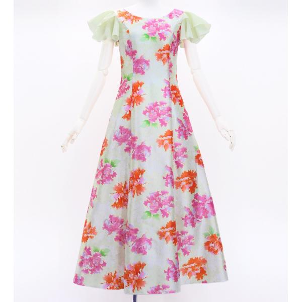 和柄ドレス ロング丈 重ねフリル袖 ドレス 牡丹 ベージュ S-Lサイズ JW008be