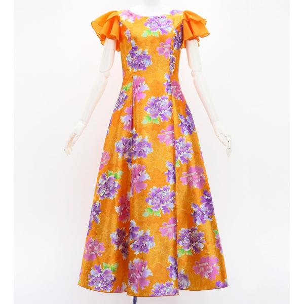 和柄ドレス ロング丈 重ねフリル袖 ドレス 牡丹 オレンジ（橙） S-Lサイズ JW008or