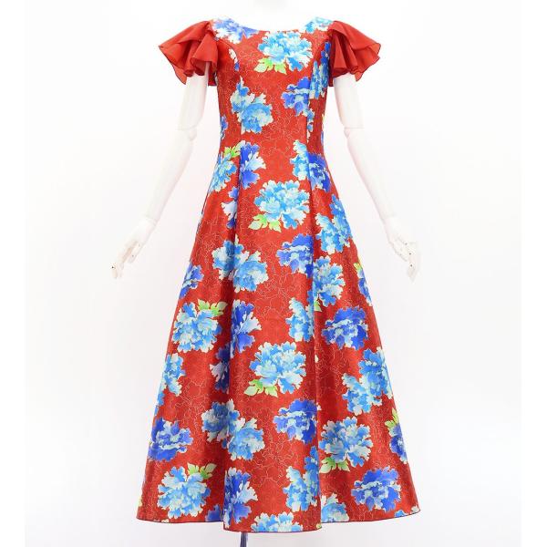 和柄ドレス ロング丈 重ねフリル袖 ドレス 牡丹 レッド（赤） S-Lサイズ JW008rd