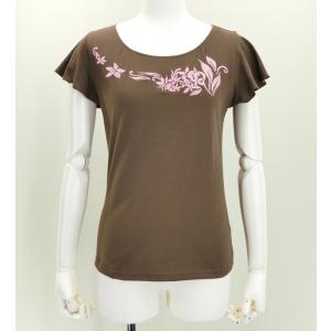 フレンチフリル Tシャツ Ｆ 刺繍ピンク プルメリア ブラウン