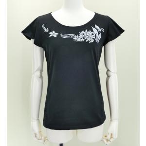 フレンチフリル Tシャツ Ｆ 刺繍ホワイト プルメリア ブラック KD1wbF