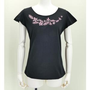 フレンチフリル Tシャツ Ｆ 刺繍ピンク ハイビスカス