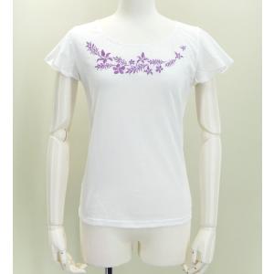 フレンチフリル Tシャツ Ｆ 刺繍パープル ハイビスカス ホワイト KD3pwF