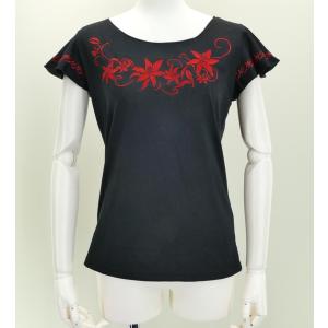 フレンチフリル Tシャツ XL 刺繍レッド リリィ ブラック KD4rbXL｜emika