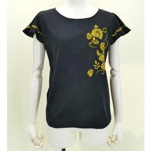 フレンチフリル Tシャツ Ｆ 刺繍ゴールド ローズ ブラック KD8gbFa