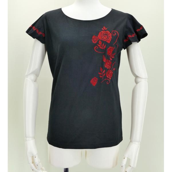 フレンチフリル Tシャツ XL 刺繍レッド ローズ　ブラック KD8rbXLb