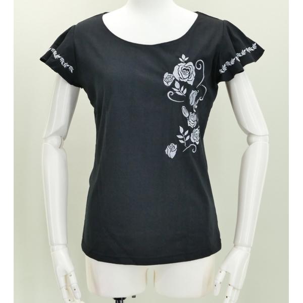フレンチフリル Tシャツ XL 刺繍シルバー ローズ　ブラック KD8sbXLb