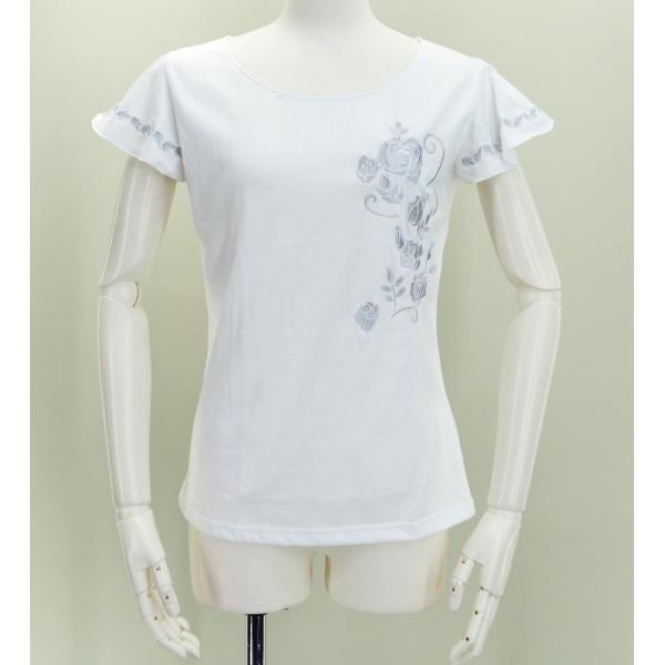 フレンチフリル Tシャツ XL 刺繍シルバー ローズ　ホワイト KD8swXLb
