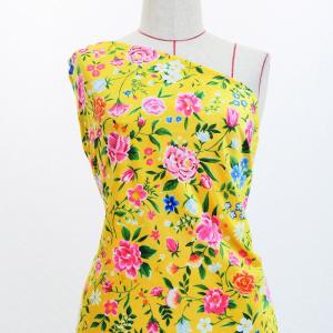 フラメンコ生地 花柄 コシボ・シャンタン・ストレッチベロア選べる生地 イエロー KF-089-YE 3-5営業日後発送