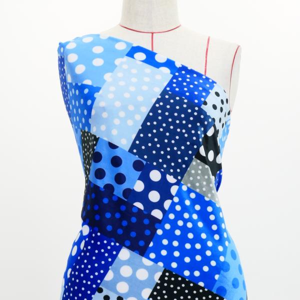 フラメンコ生地 水玉×パッチワーク柄 コシボ・シャンタン・ストレッチベロア選べる生地 ブルー KF-...