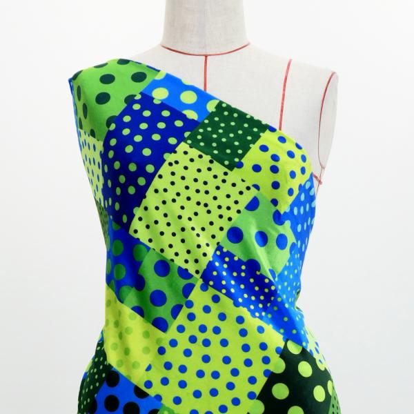 フラメンコ生地 水玉×パッチワーク柄 コシボ・シャンタン・ストレッチベロア選べる生地 グリーン×ブル...