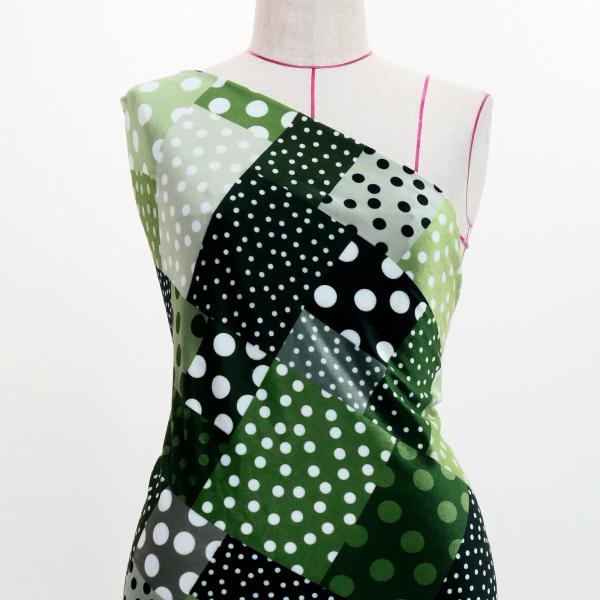 フラメンコ生地 水玉×パッチワーク柄 コシボ・シャンタン・ストレッチベロア選べる生地 グレー×グリー...