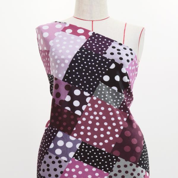 フラメンコ生地 水玉×パッチワーク柄 コシボ・シャンタン・ストレッチベロア選べる生地 グレー×レッド...