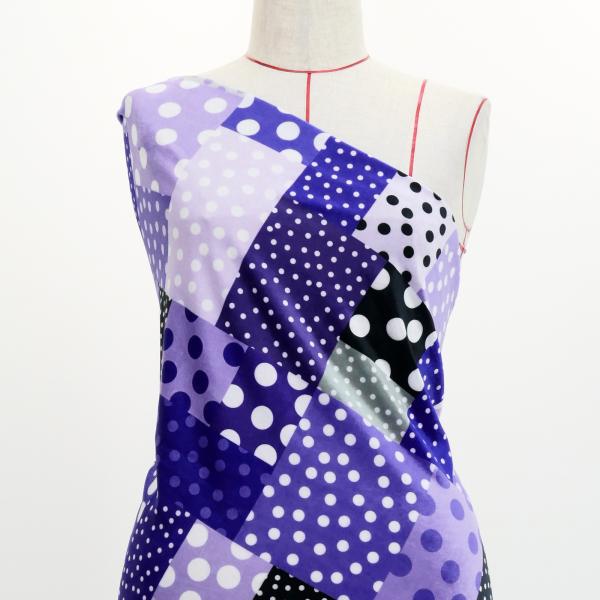 フラメンコ生地 水玉×パッチワーク柄 コシボ・シャンタン・ストレッチベロア選べる生地 パープル KF...