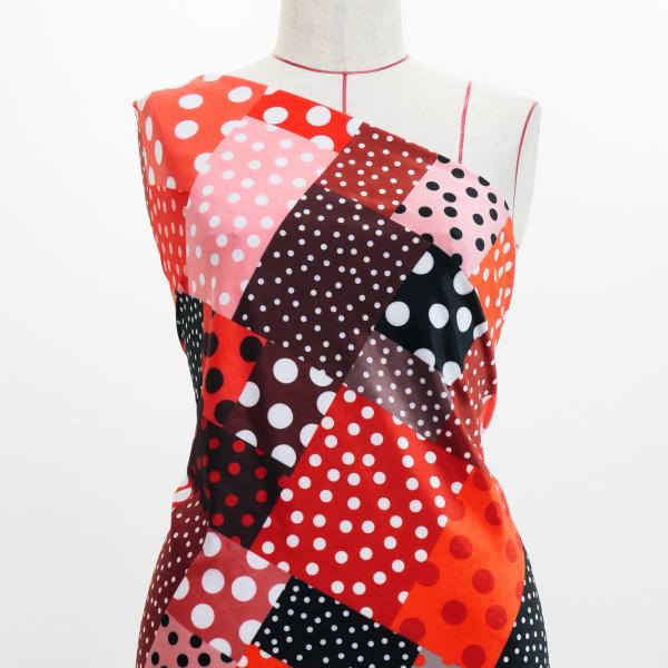 フラメンコ生地 水玉×パッチワーク柄 コシボ・シャンタン・ストレッチベロア選べる生地 レッド KF-...