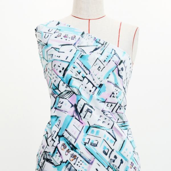 フラメンコ生地 街並み柄 コシボ・シャンタン・ストレッチベロア選べる生地 ライトブルー KF-197...