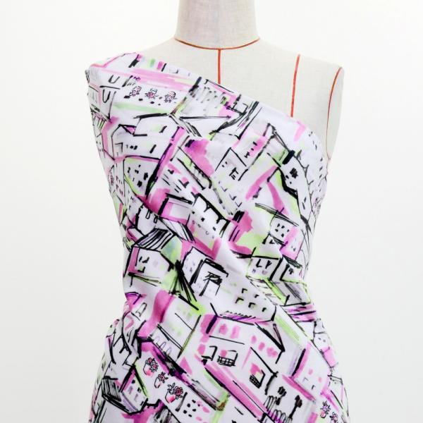 フラメンコ生地 街並み柄 コシボ・シャンタン・ストレッチベロア選べる生地 ピンク KF-197-PI...