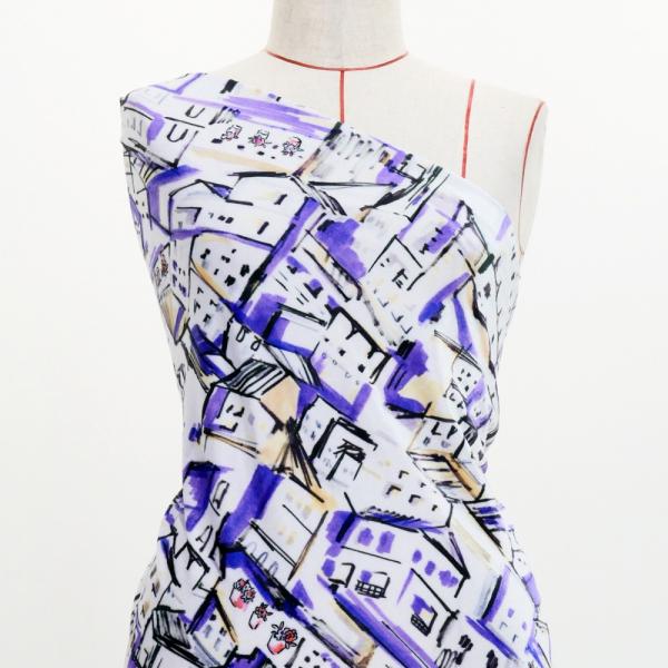 フラメンコ生地 街並み柄 コシボ・シャンタン・ストレッチベロア選べる生地 パープル KF-197-P...