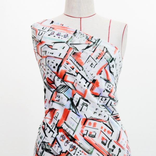 フラメンコ生地 街並み柄 コシボ・シャンタン・ストレッチベロア選べる生地 レッド KF-197-RD...