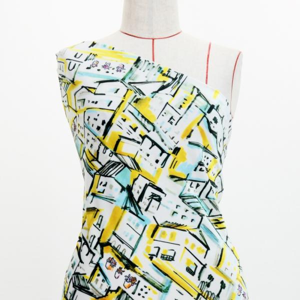 フラメンコ生地 街並み柄 コシボ・シャンタン・ストレッチベロア選べる生地 イエロー KF-197-Y...