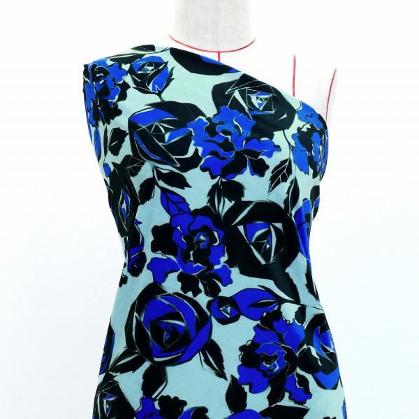 フラメンコ生地 ローズ柄 コシボ・シャンタン・ストレッチベロア選べる生地 ブルー KF-199-BL...