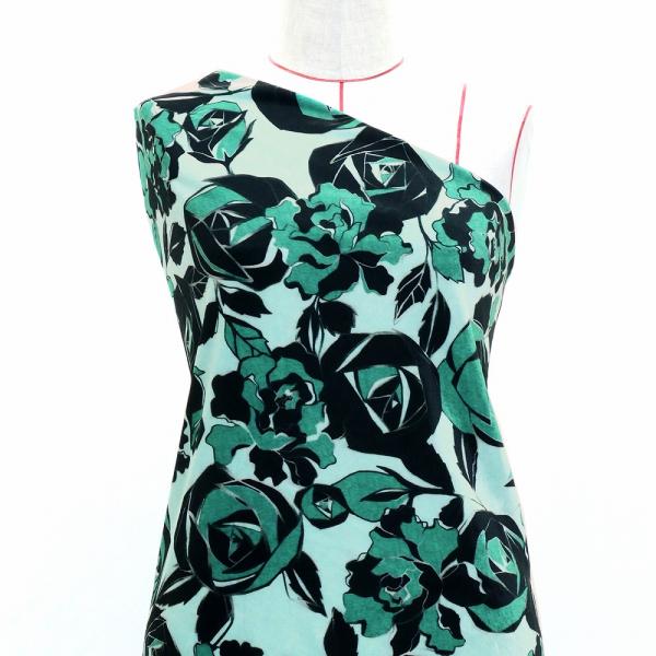 フラメンコ生地 ローズ柄 コシボ・シャンタン・ストレッチベロア選べる生地 グリーン KF-199-G...