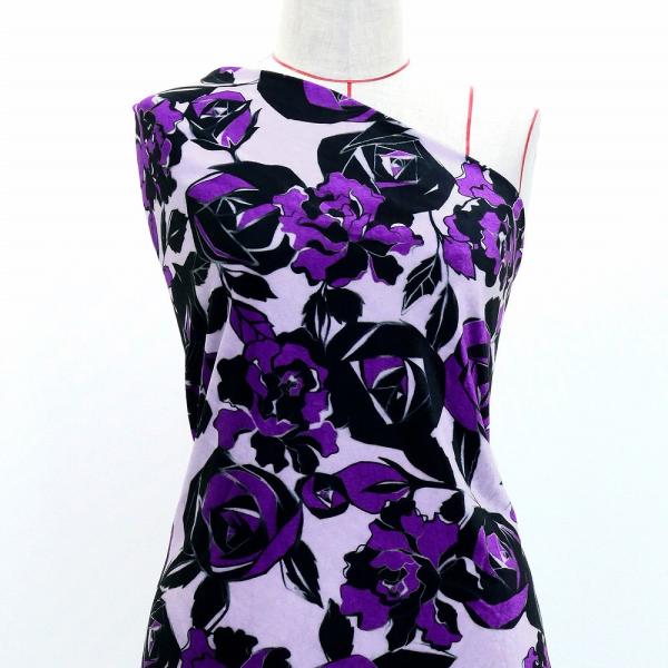 フラメンコ生地 ローズ柄 コシボ・シャンタン・ストレッチベロア選べる生地 パープル KF-199-P...