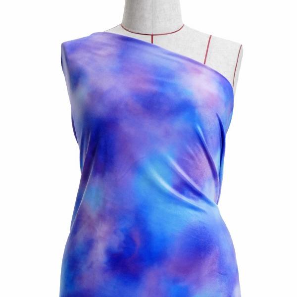 ハワイアン・フラメンコ生地 水彩風 コシボ・シャンタン・ストレッチベロア選べる生地 ブルー×パープル...