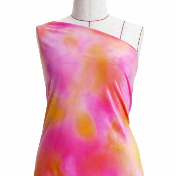 ハワイアン・フラメンコ生地 水彩風 コシボ・シャンタン・ストレッチベロア選べる生地 オレンジ×ピンク...