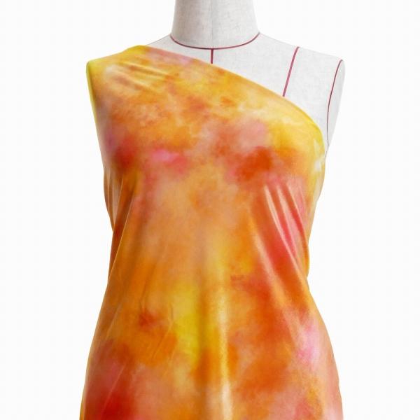 ハワイアン・フラメンコ生地 水彩風 コシボ・シャンタン・ストレッチベロア選べる生地 オレンジ×イエロ...