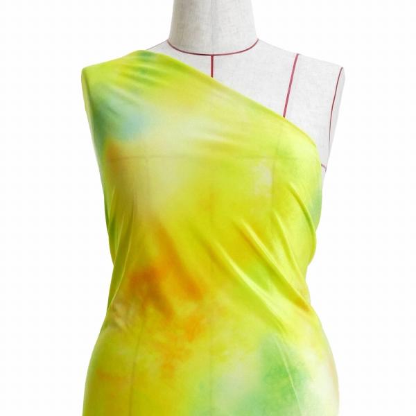 ハワイアン・フラメンコ生地 水彩風 コシボ・シャンタン・ストレッチベロア選べる生地 イエロー×グリー...