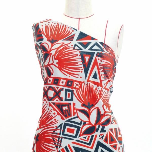 ハワイアン生地 カヒコ＆レフア柄 コシボ・シャンタン・ストレッチベロア選べる生地 レッド×ブラック ...